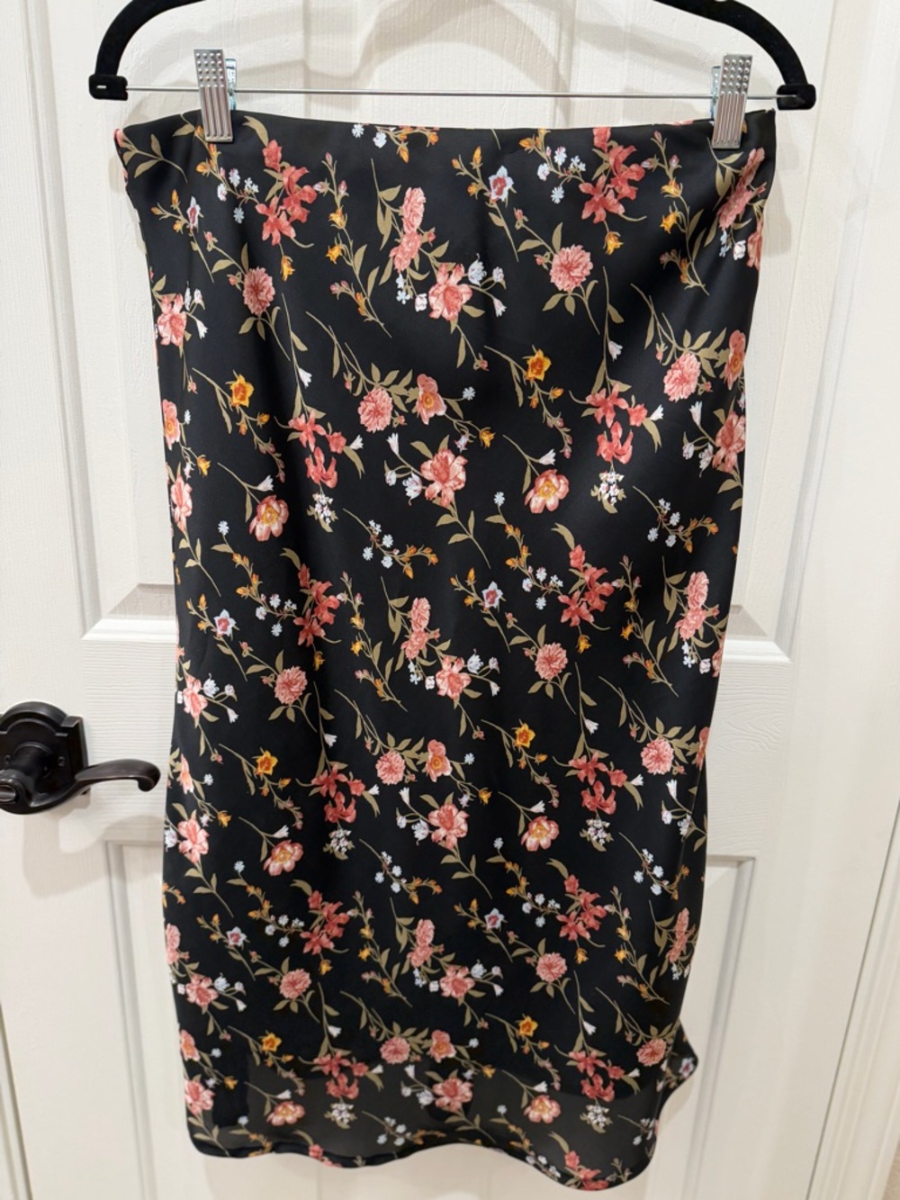 High Waist Floral Satin Black Midi Skirt - Pink Floral Print